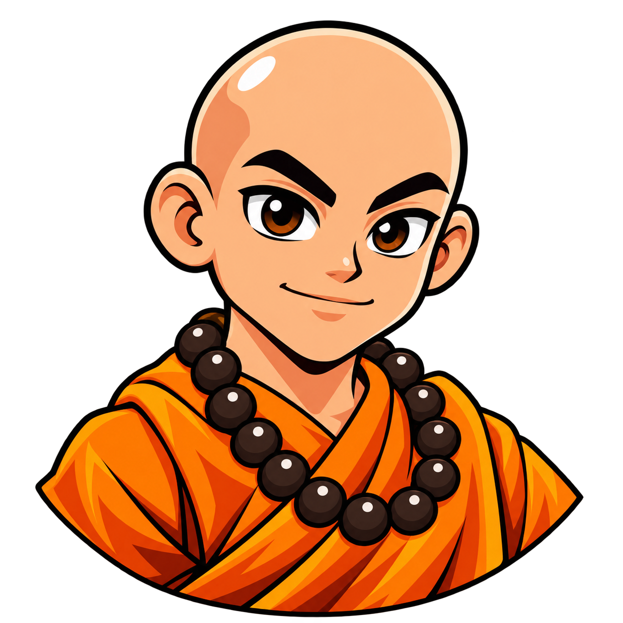 The focused Monk Mate mascot in an orange robe